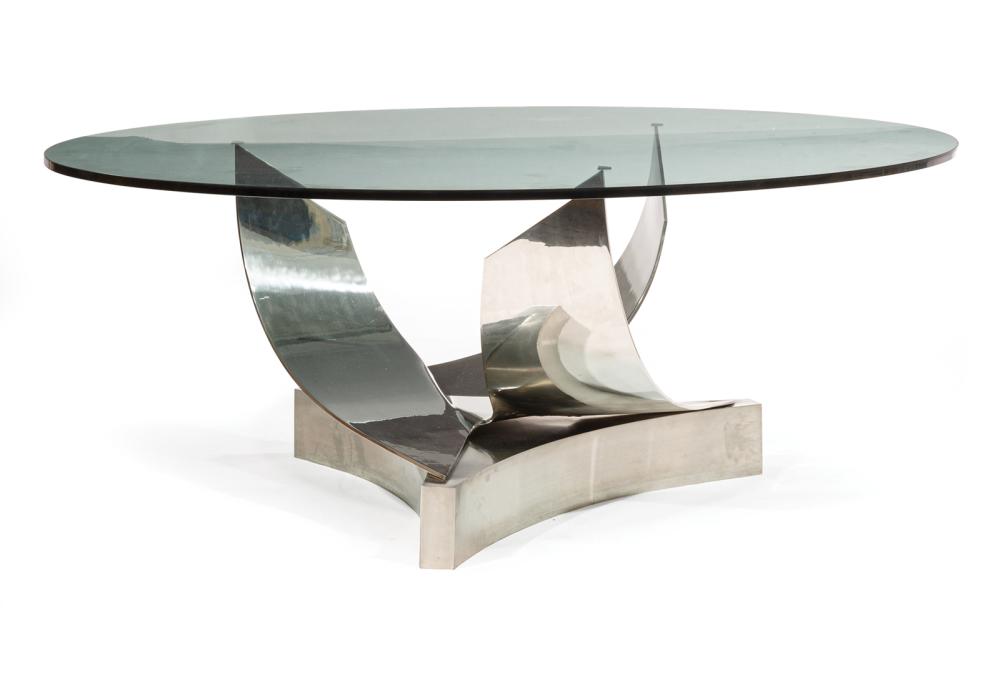 Appraisal: Contemporary Polished Stainless Steel and Glass Dining Table tripartite wave-form