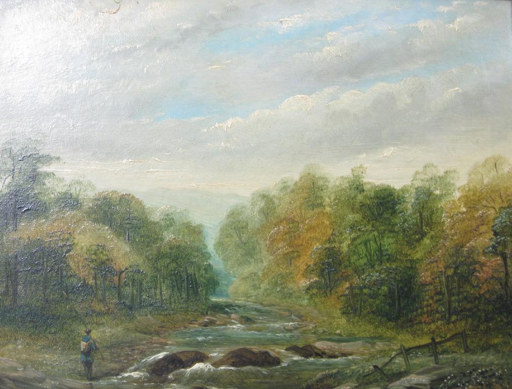 Appraisal: ENGLISH SCHOOL LATE TH CENTURY A River scene with Angler