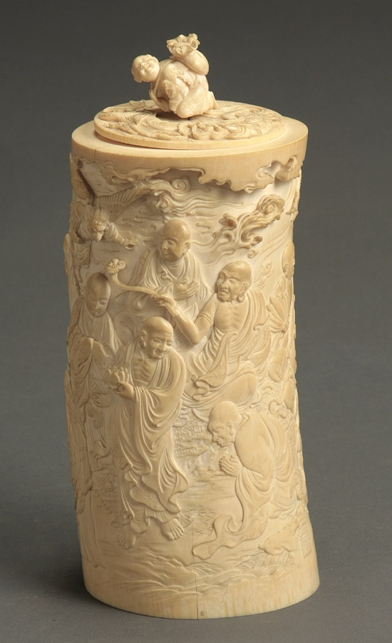 Appraisal: Japanese Ivory Covered Tusk Vase Signed on Carved Plaque Naito