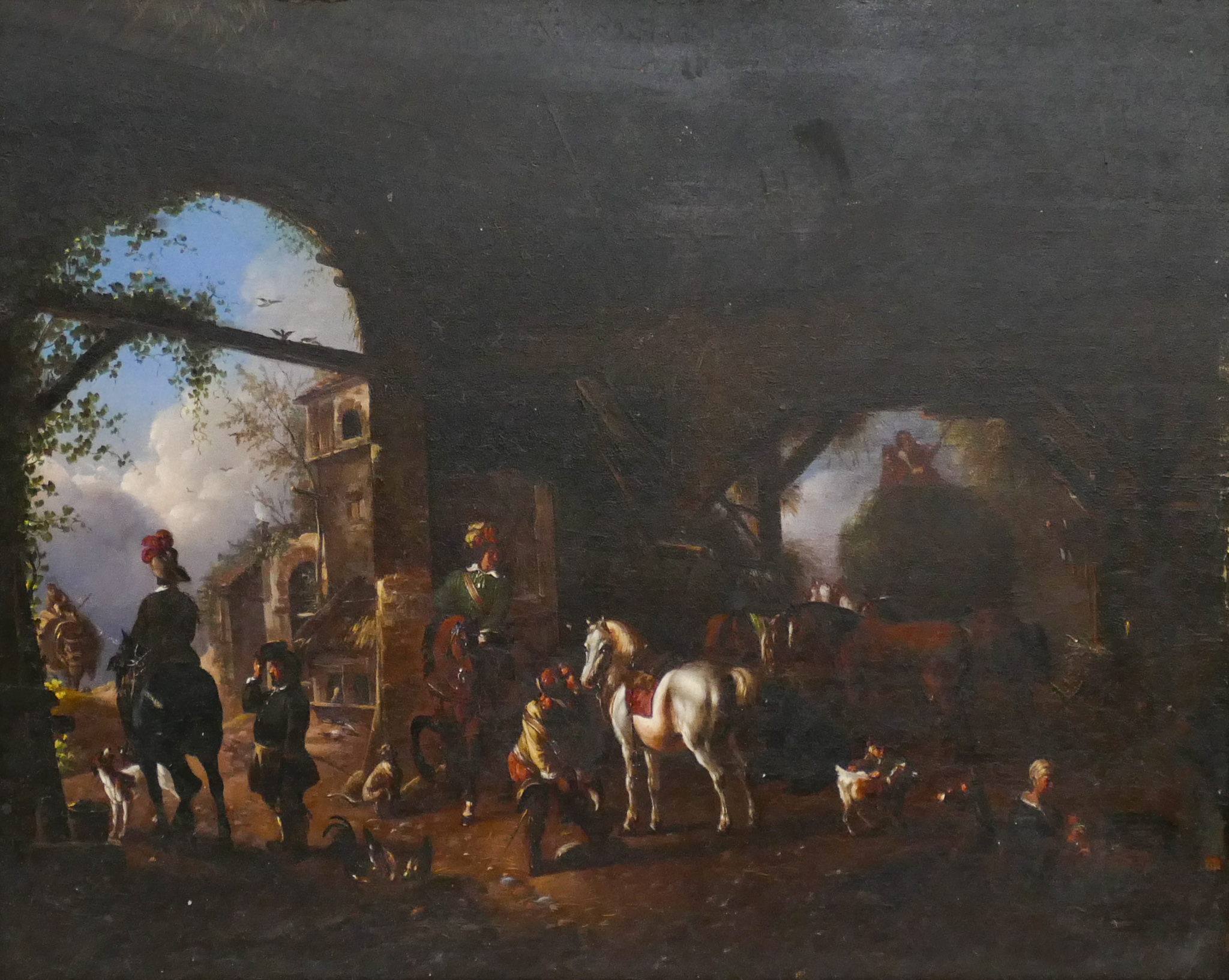 Appraisal: European th th Cent Horse Stable Genre Scene Oil on