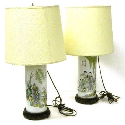 Appraisal: Pair of Chinese porcelain cylinder vases converted into electric lamps