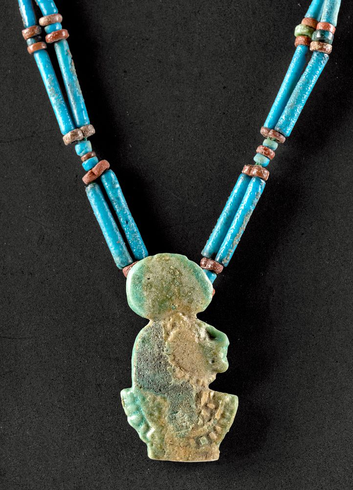 Appraisal: Egyptian Glazed Faience Bead Necklace w Sekhmet Amulet Ancient Egypt