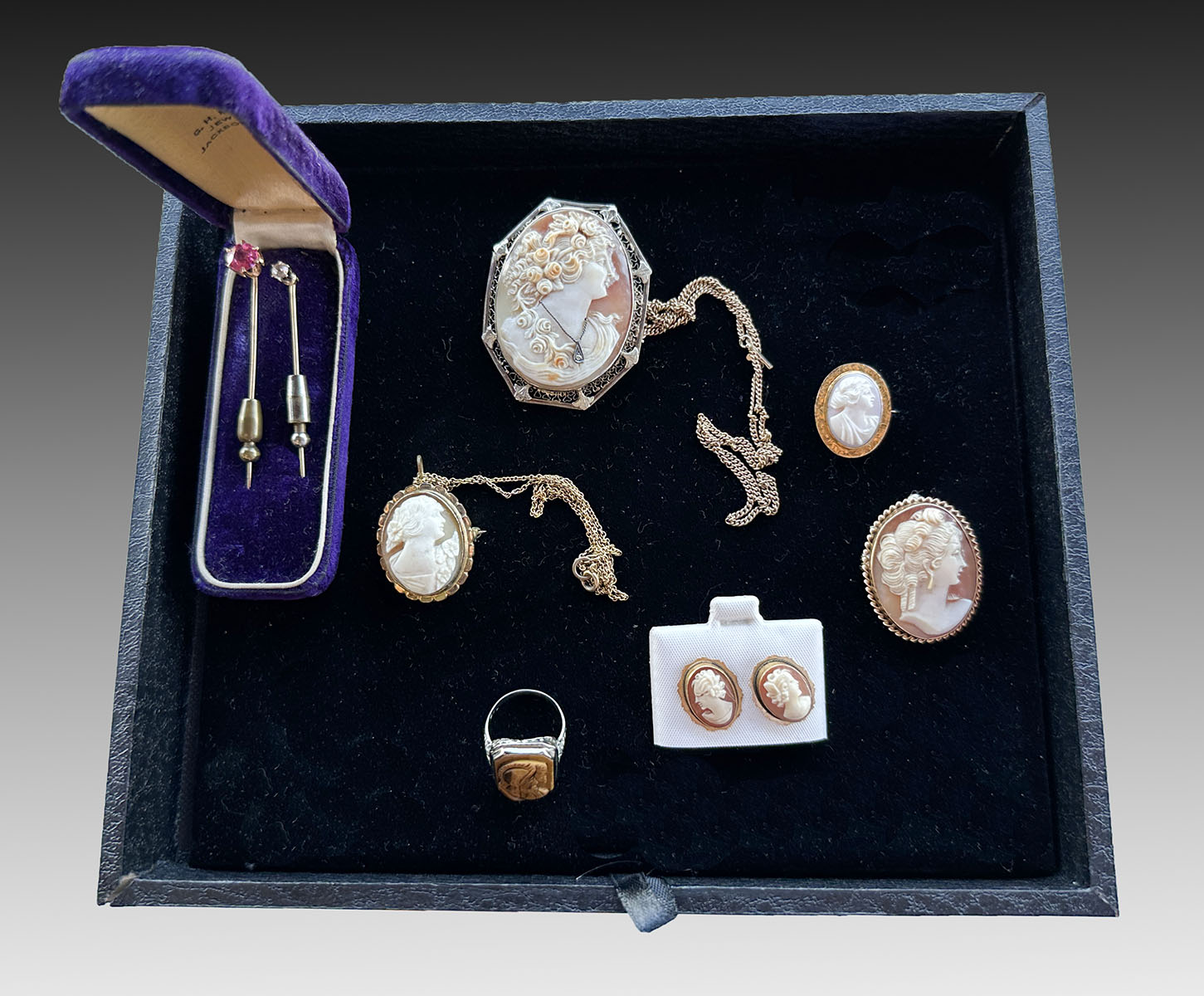 Appraisal: PC GOLD CAMEO AND PIN LOT Lot includes cameo necklaces