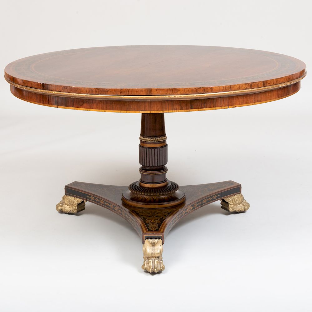 Appraisal: Regency Stenciled Rosewood and Parcel-Gilt Tilt-Top Center Table Raised on