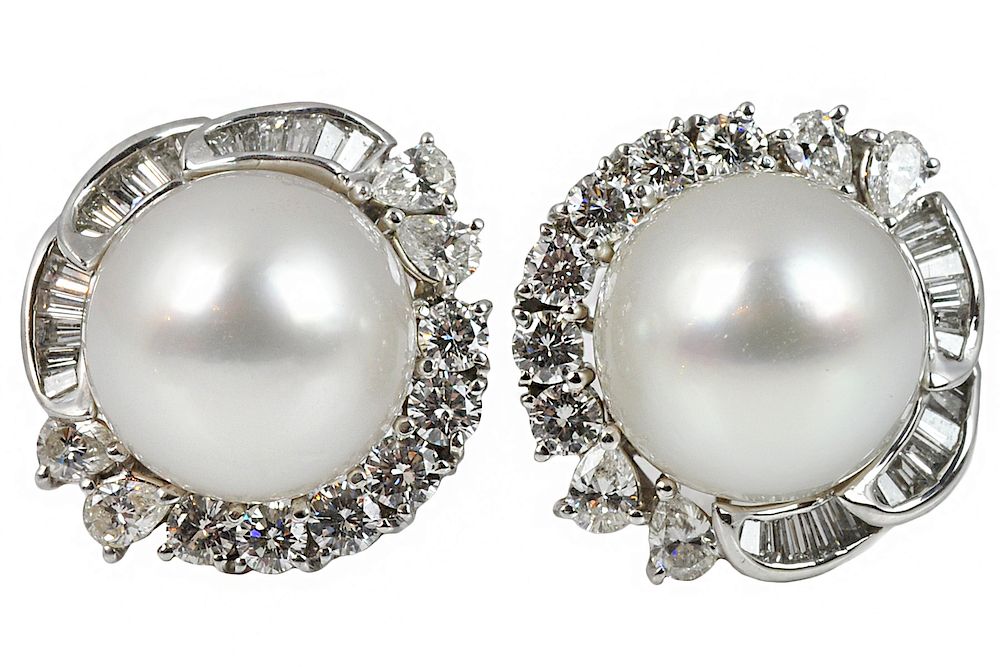 Appraisal: mm South Sea Pearl Diamond Platinum Earrings Pair of stamped