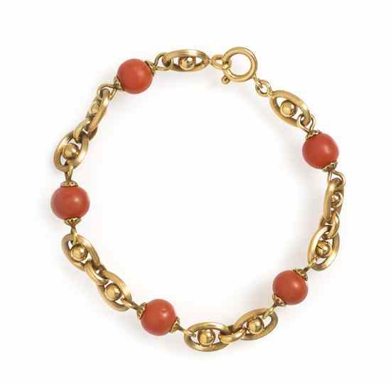 Appraisal: A Vintage Karat Yellow Gold and Coral Bracelet containing five