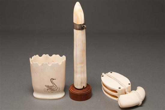 Appraisal: Carved ivory tusk cabinet vase metal-mounted ivory tusk section and