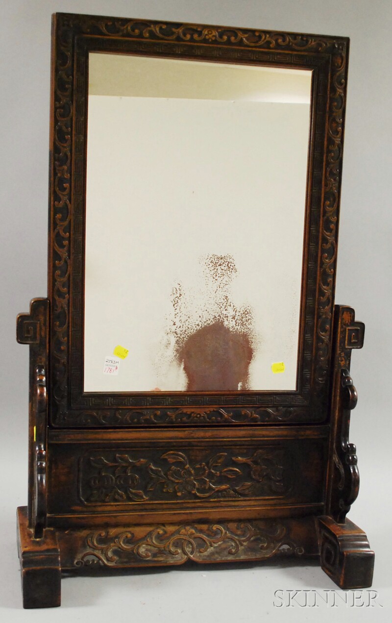 Appraisal: Chinese Carved Wood Mirror Frame on a Conforming Carved Stand