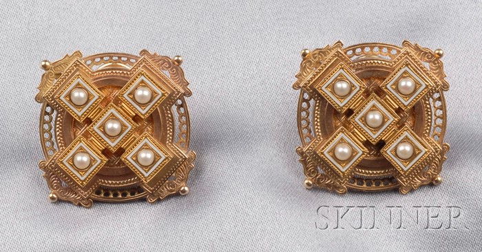 Appraisal: kt Gold Seed Pearl and Enamel Earclips composed of antique