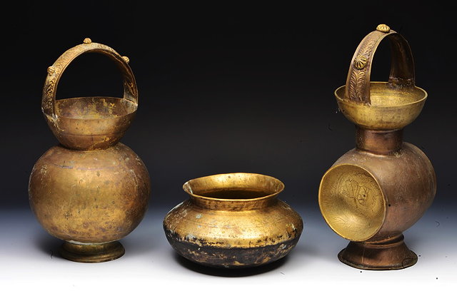 Appraisal: TWO OLD INDIAN BRASS WATER JARS with engraved decoration approximately