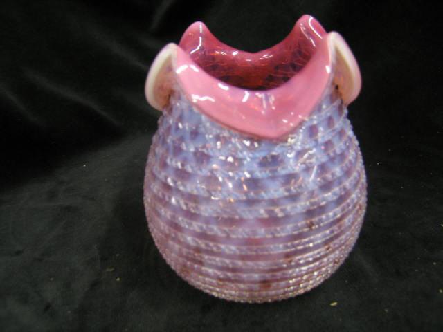 Appraisal: Victorian Cranberry Opalescent Art Glass Vase threaded cable decor fold