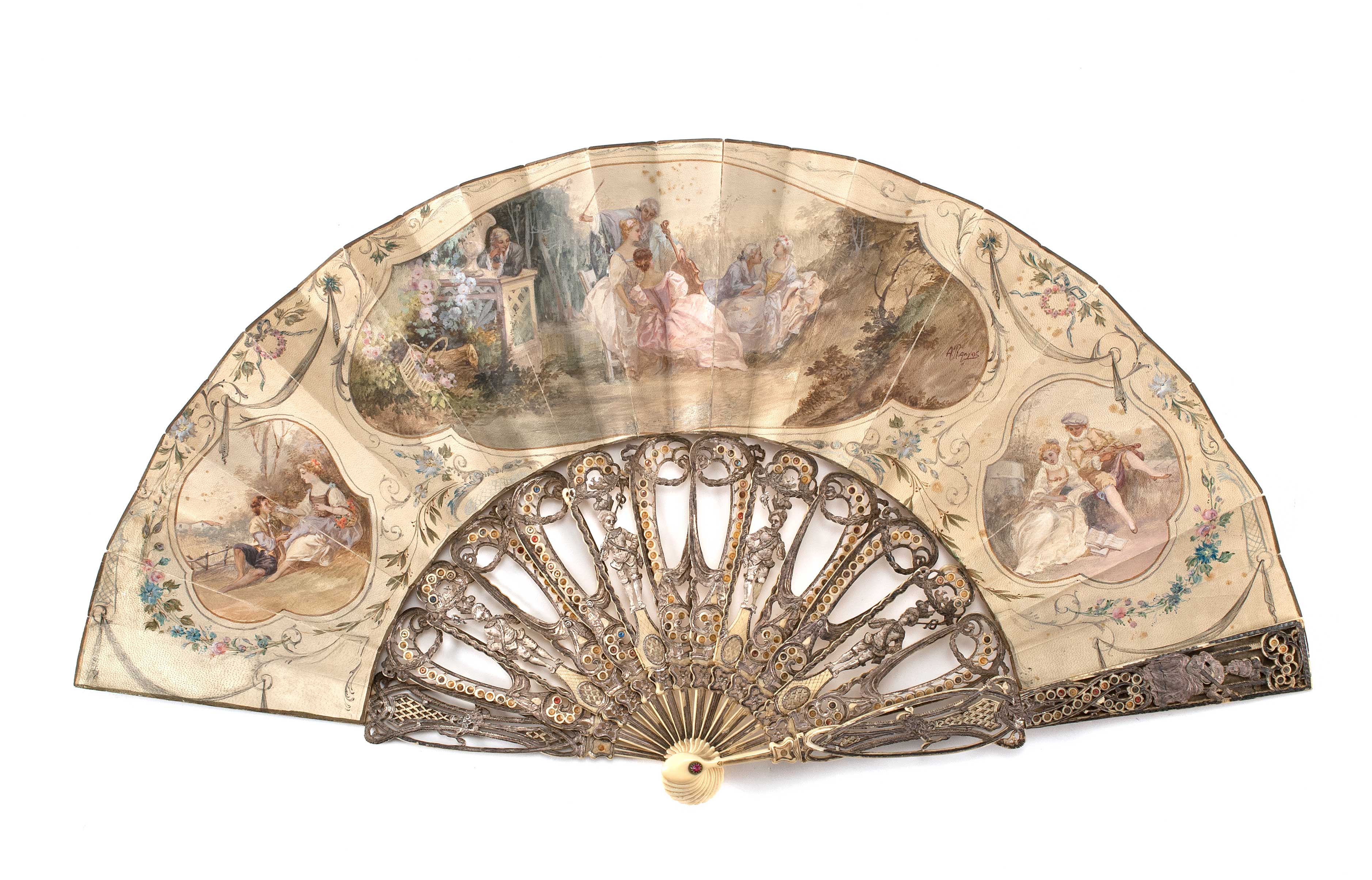 Appraisal: HAND-PAINTED DOUBLE-SIDED PARCHMENT AND IVORY FOLDING FAN th CenturyCentral vignette