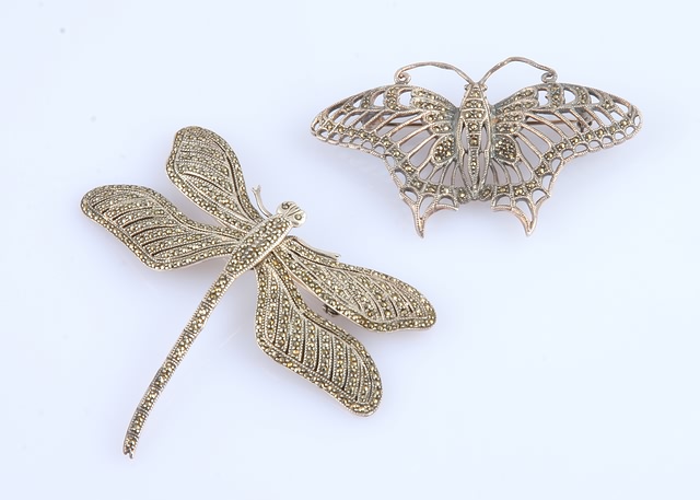 Appraisal: Sterling silver butterfly accented with marcasites and sterling silver dragon-fly