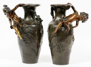 Appraisal: AFTER AUGUST MOREAU BRONZE VASES PAIR AFTER AUGUST MOREAU BRONZE