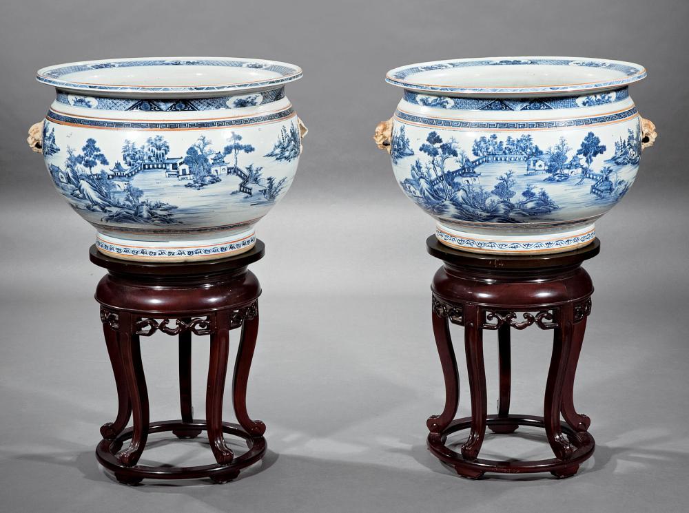 Appraisal: Large Pair of Chinese Blue and White Porcelain Jardini res