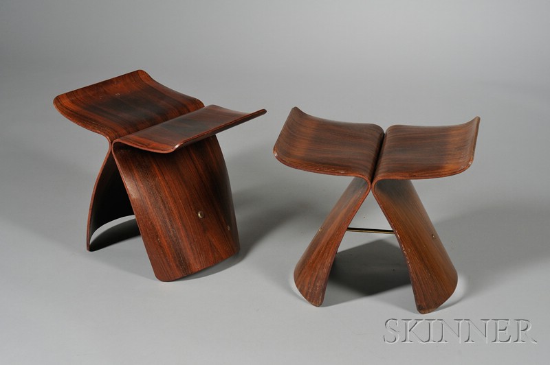 Appraisal: Two Modern Design Stools Rosewood veneer Mid- th century X-shape