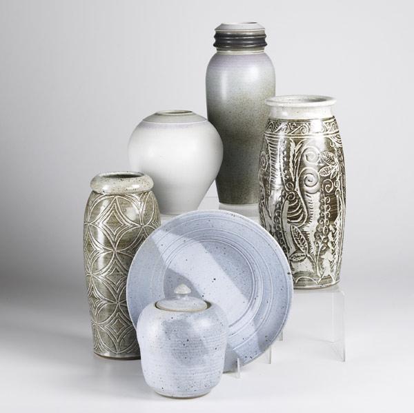 Appraisal: RICHARD LANG Six pieces of stoneware include three tall vases