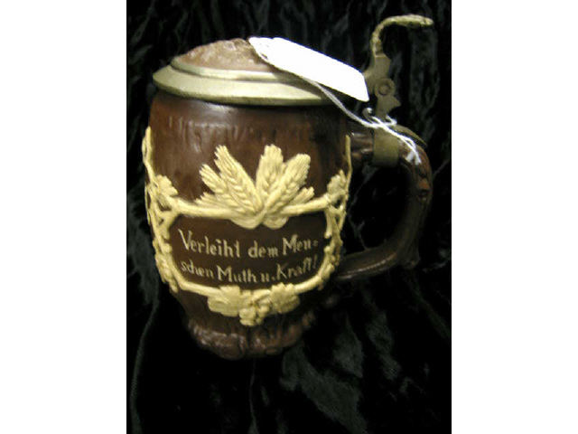 Appraisal: Mettlach Stein Man Woman on Tree Bark background liter inlay