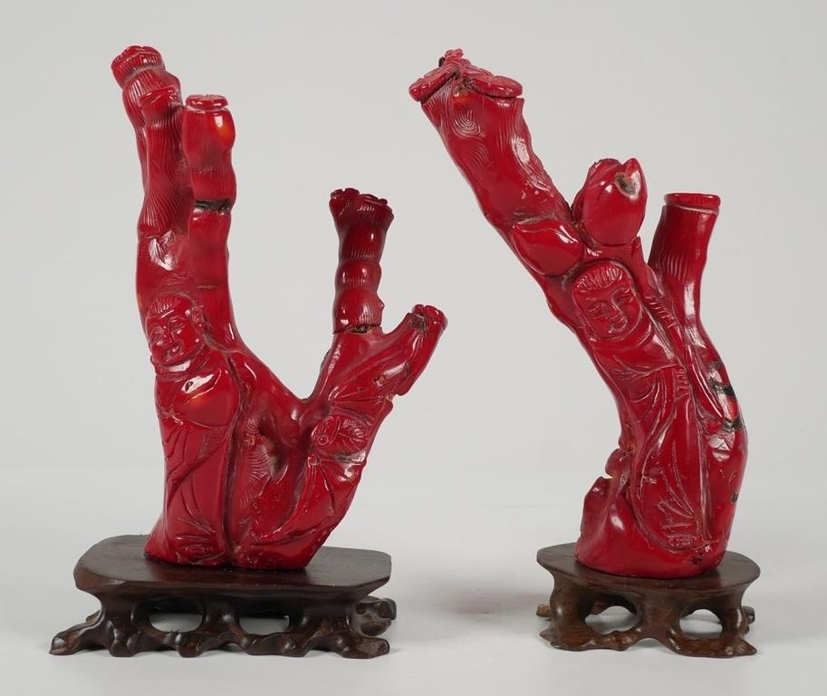 Appraisal: Pair of vintage Chinese carved red coral figurines Each figurine