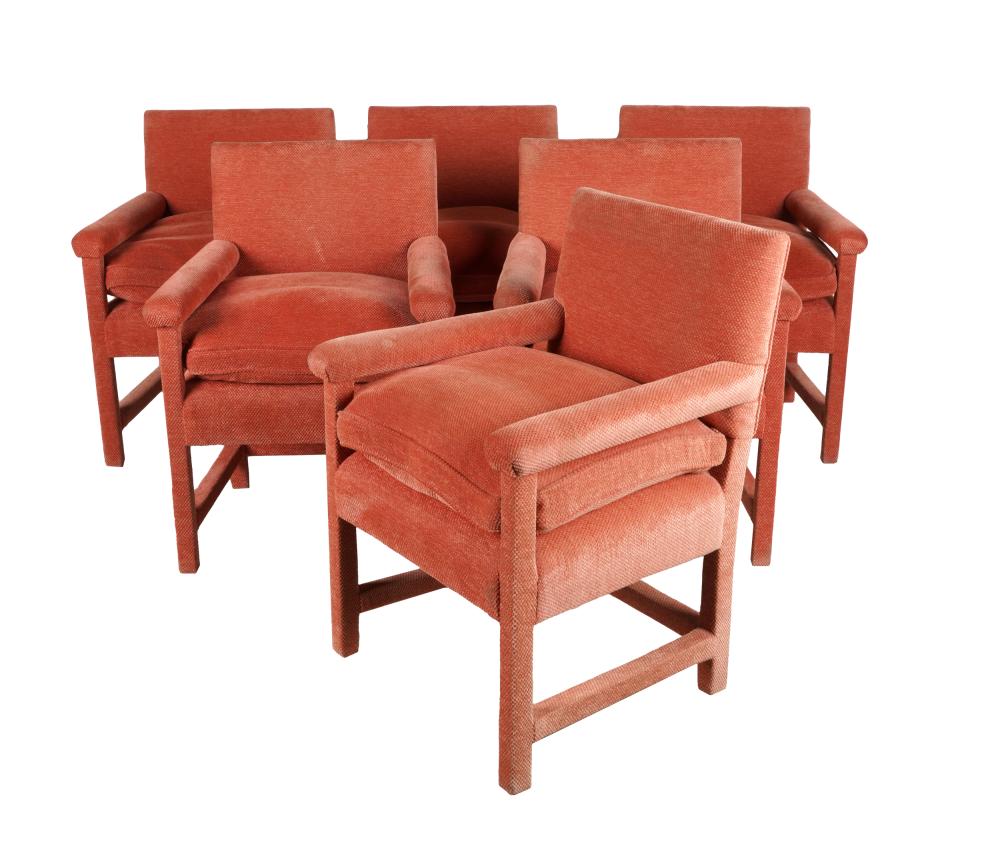 Appraisal: EIGHT FULLY UPHOLSTERED CUSTOM DINING ARMCHAIRSunsigned red chenille fabric fixed