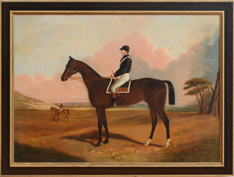 Appraisal: ENGLISH SCHOOL CHESTNUT STALLION AND JOCKEY Oil on canvas signed