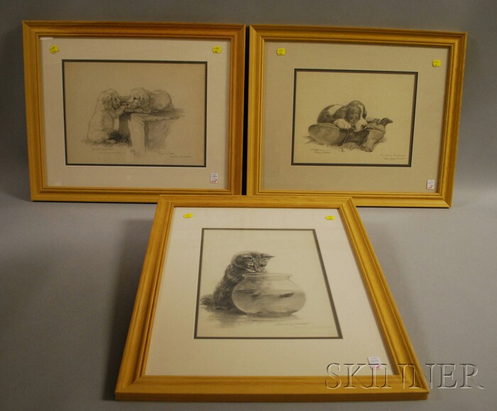 Appraisal: Set of Three Gloria Loring Bassett Pencil Drawings Depicting Puppies