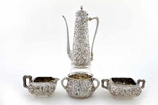 Appraisal: American sterling repousse coffeepot creamer set and dish Whiting pattern