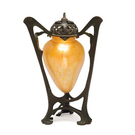 Appraisal: Austrian Art Nouveau Bronze and Unsigned Loetz Glass Lamp Estimate