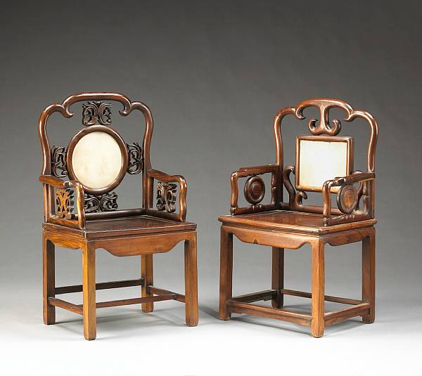 Appraisal: Two hardwood arm chairs with marble inset panels Late Qing