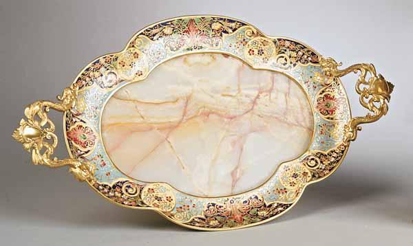 Appraisal: A Nicholas II-Style Champlev and Onyx Tray the oval rim