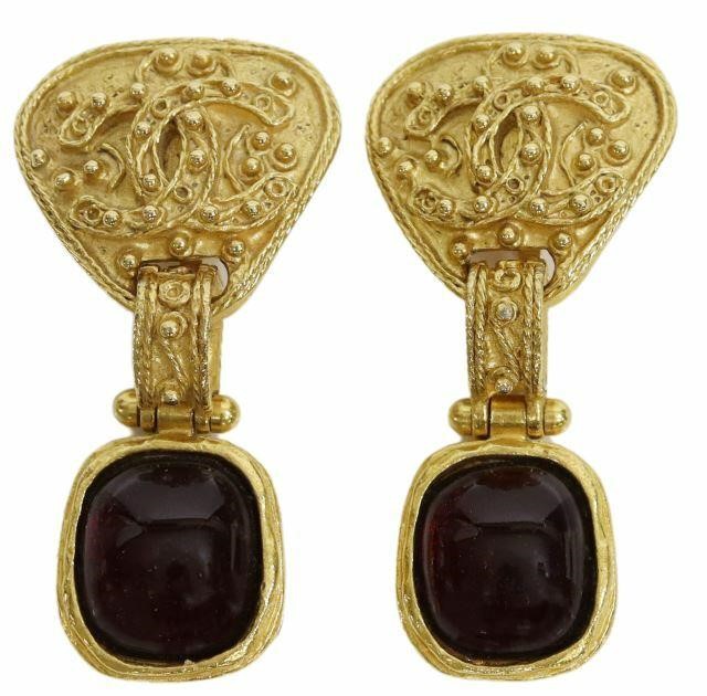 Appraisal: Vintage Chanel gold-tone metal red gripoix stone CC clip-on drop