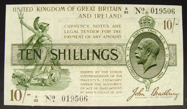 Appraisal: United Kingdom and Ireland ten shilling note signed John Bradbury