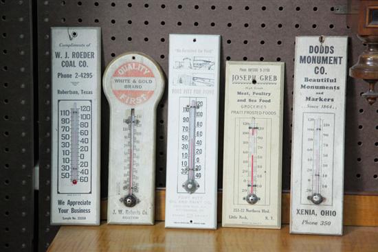 Appraisal: FIVE WOODEN ADVERTISING THERMOMETERS Including ''Dodds Monument Co Xenia Ohio''