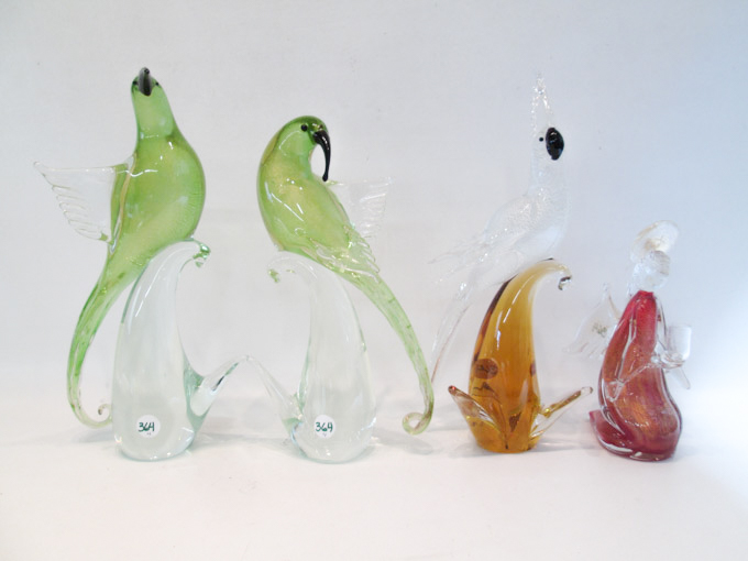 Appraisal: FOUR MURANO INSPIRED GLASS FIGURES including three birds and one