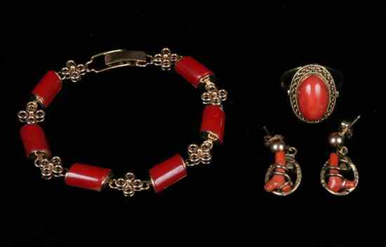 Appraisal: THREE PIECES YELLOW GOLD AND RED CORAL JEWELRY Including K