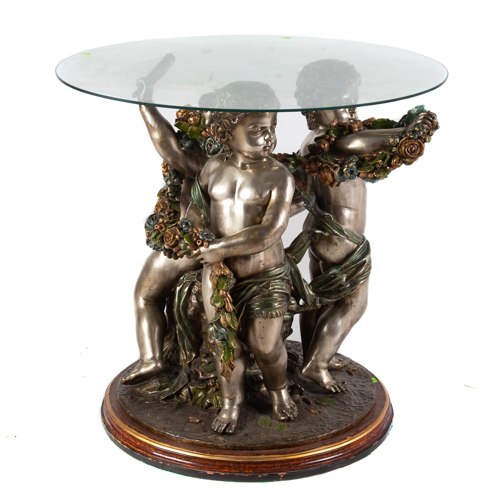 Appraisal: CONTINENTAL STYLE SILVERED BRONZE FIGURAL TABLE Modeled as cherubs entwined