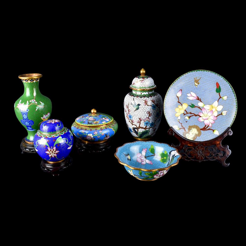 Appraisal: Chinese Cloisonne Tableware Collection of Six Vintage Chinese Cloisonne Tableware