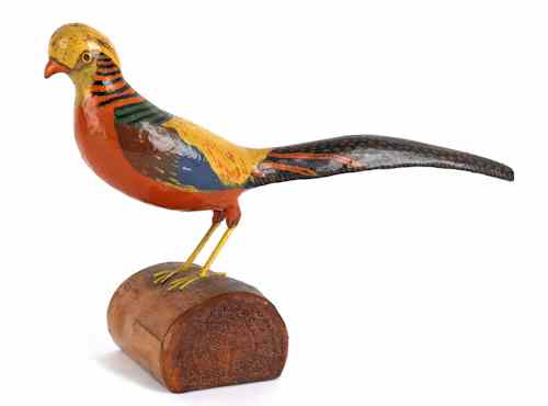 Appraisal: American carved and painted pheasant early th c perched on