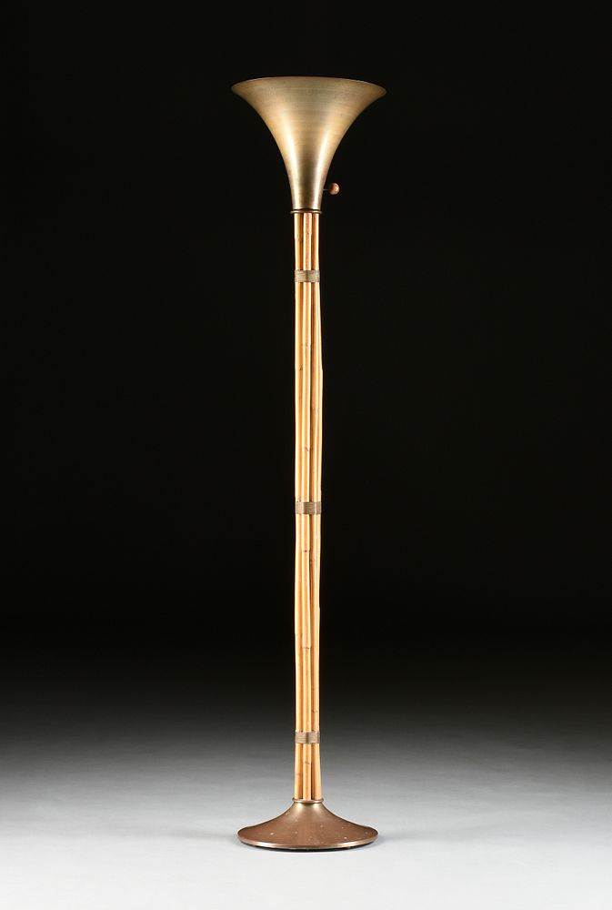 Appraisal: A RUSSEL WRIGHT SPUN BRASS AND BAMBOO TORCHIERE FLOOR LAMP