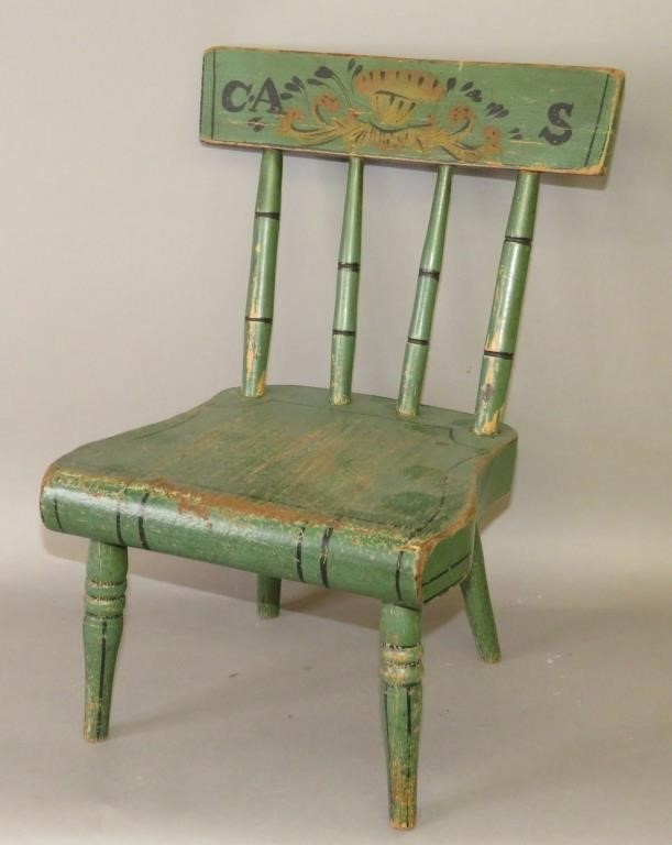 Appraisal: GREEN PAINTED CHILD'S PLANK SEAT CHAIRca late th century small