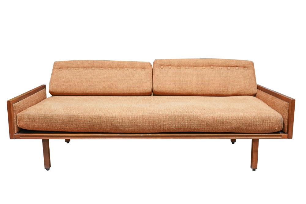 Appraisal: MID-CENTURY MODERN SOFAteak with orange textured fabric upholstery Condition slight