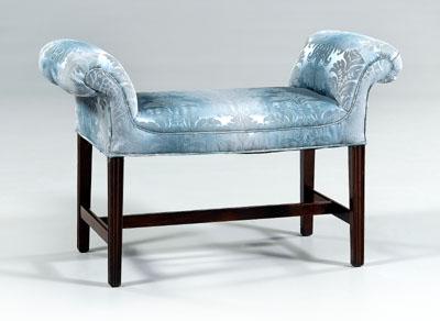 Appraisal: Hepplewhite upholstered window bench mahogany with rolled arms molded tapered