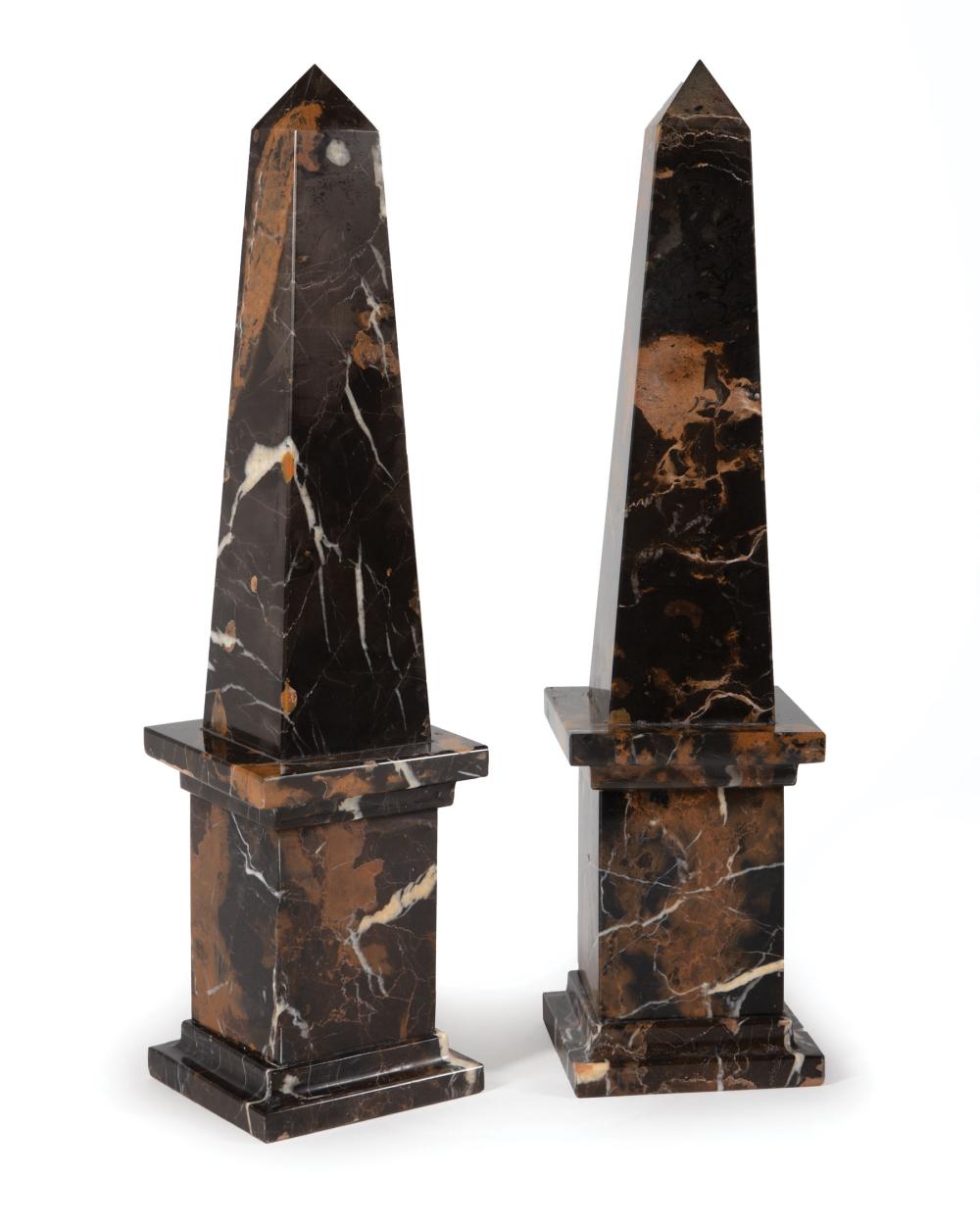 Appraisal: Pair of Continental Black Variegated Marble Obelisks h in w