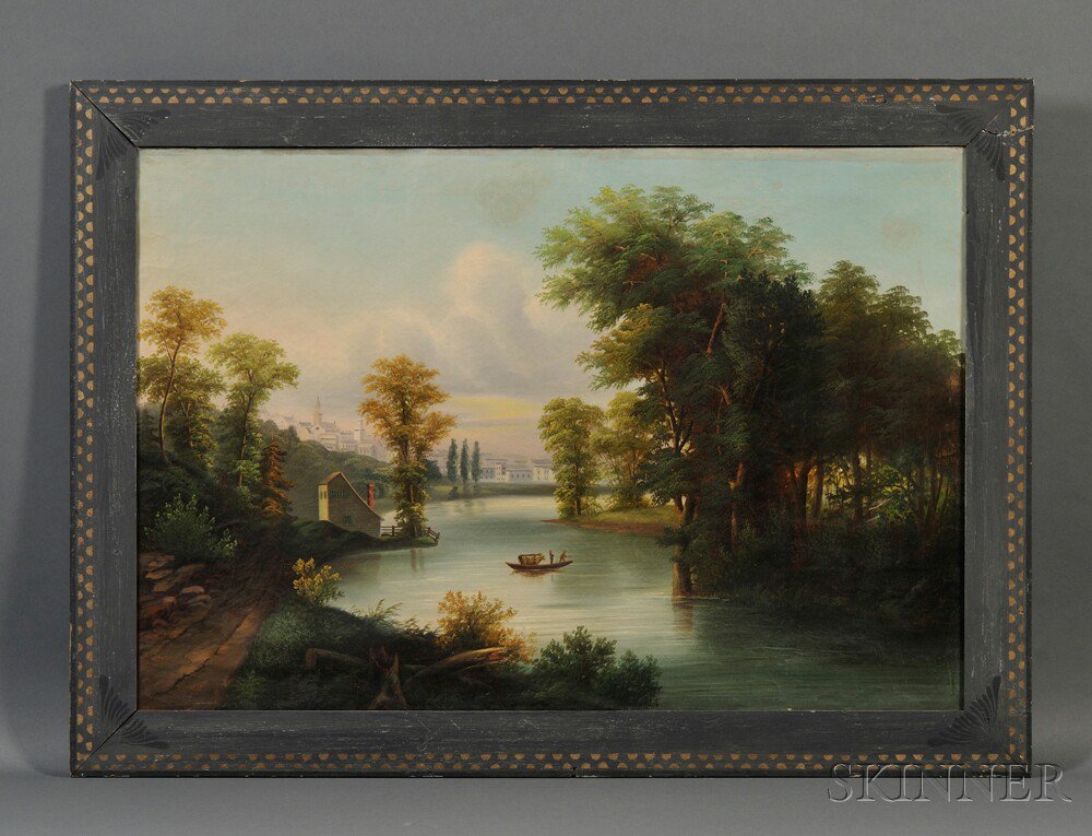 Appraisal: American School th Century Pastoral River View with Distant Town