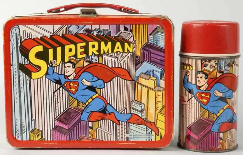 Appraisal: Tin Superman Lunchbox with Thermos Description Made by King-Seeley Marked