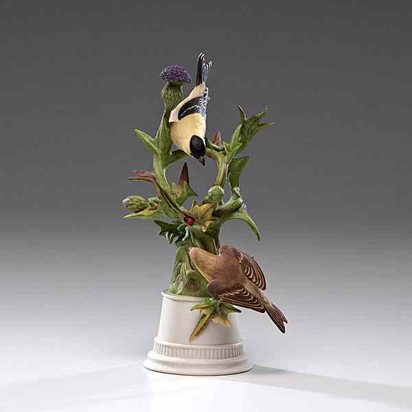 Appraisal: Boehm Goldfinches American A painted porcelain Boehm sculpture depicting Goldfinches