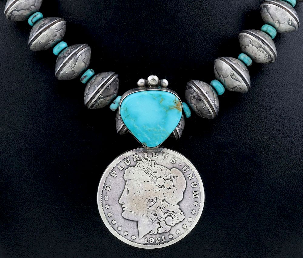 Appraisal: A NAVAJO NECKLACE DOMED SILVER DIMES W TURQUOISE The silver