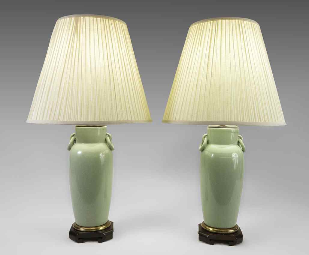 Appraisal: PAIR CHINESE CELADON RING HANDLE VASES LAMPS A handsome pair