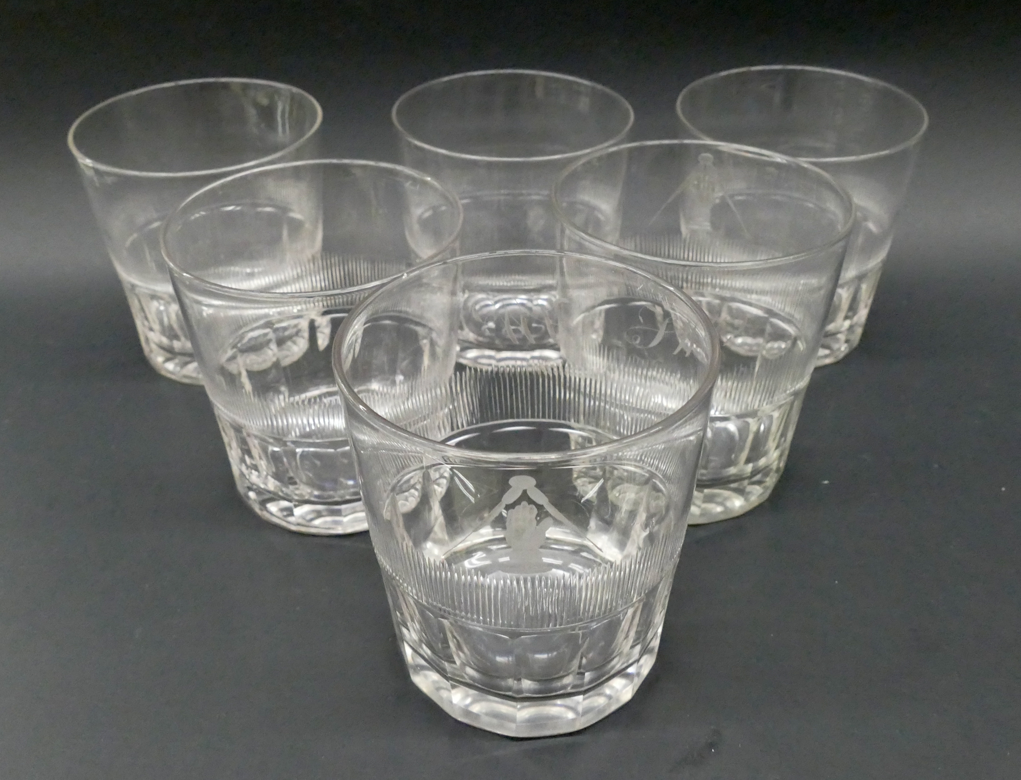 Appraisal: pc Set Georgian Crystal Tumblers Engraved band and panel cut