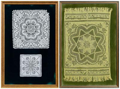 Appraisal: Three scherenschnitte paper works table scarf floral and lace geometric